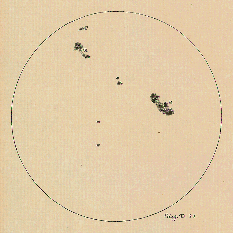 Ilustración de manchas solares por Galileo 1612